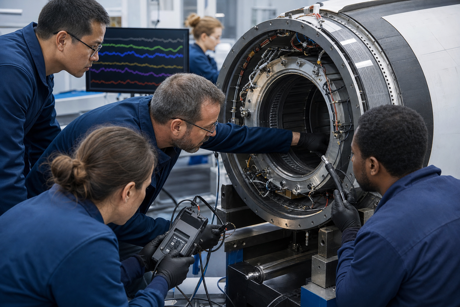 Engineers inspect a rocket-stage interface with precision tools, sensors, wiring tests, and close visual examination in a clean-room facility.
