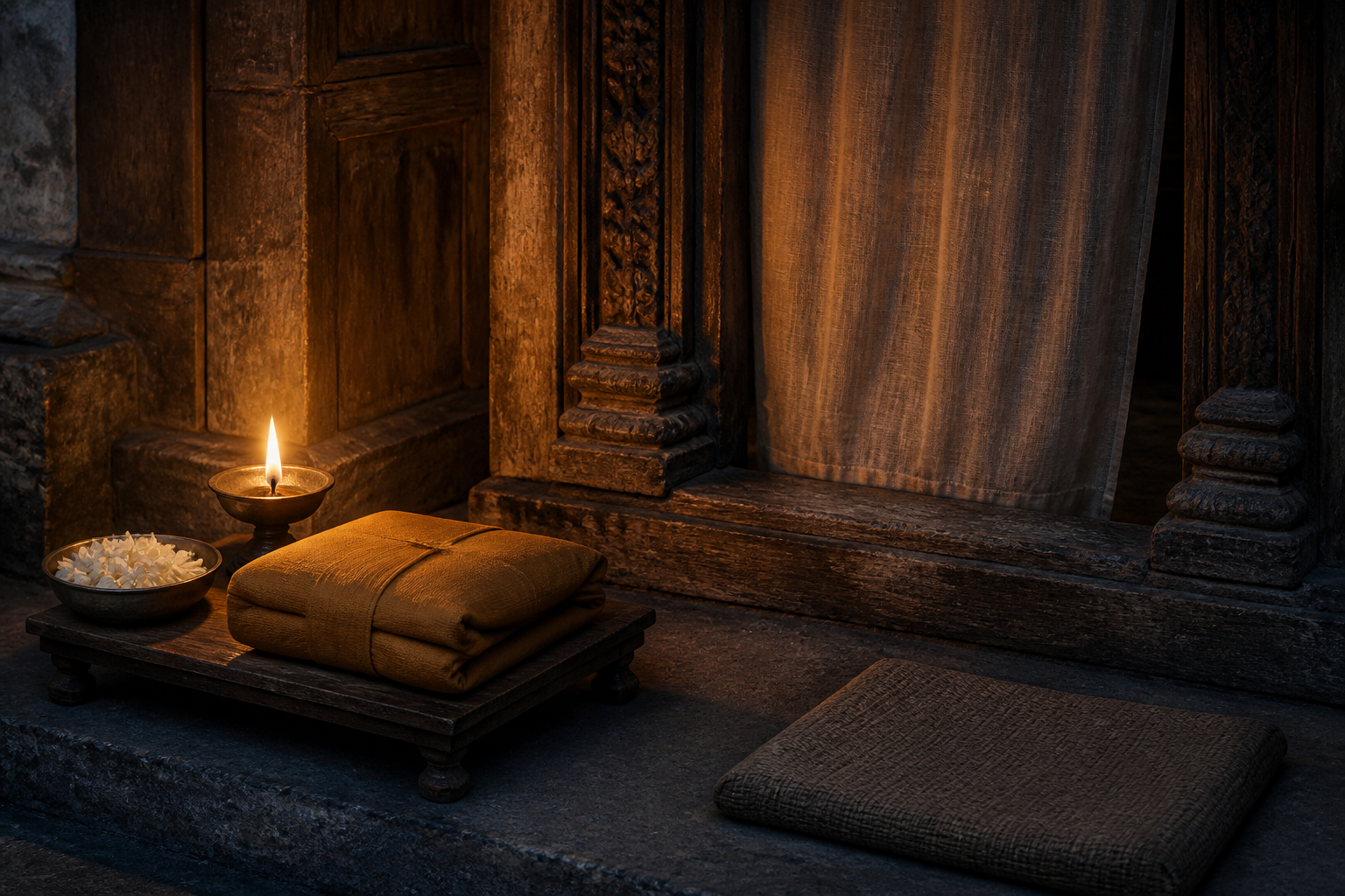 A cloth-wrapped manuscript bundle, oil lamp, flowers, and empty cushion sit outside a curtained inner doorway in a temple library.