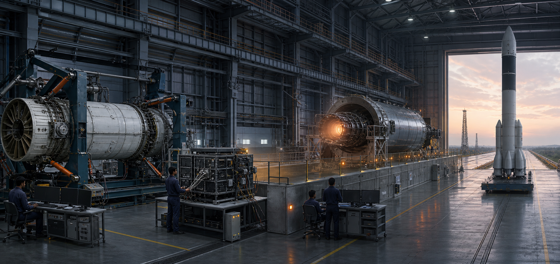 A launch-vehicle test complex contains structural testing, avionics verification, a protected propulsion firing, and final inspection of an assembled rocket.