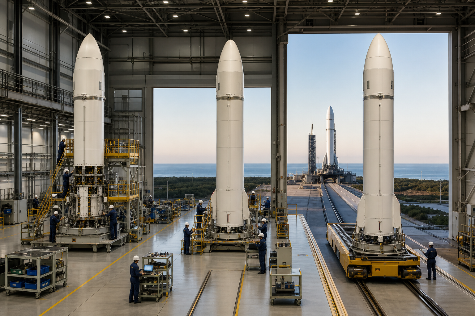 Three similar small launch vehicles move through standardized assembly, inspection, and rollout stations in an aerospace factory beside a coastal launch site.