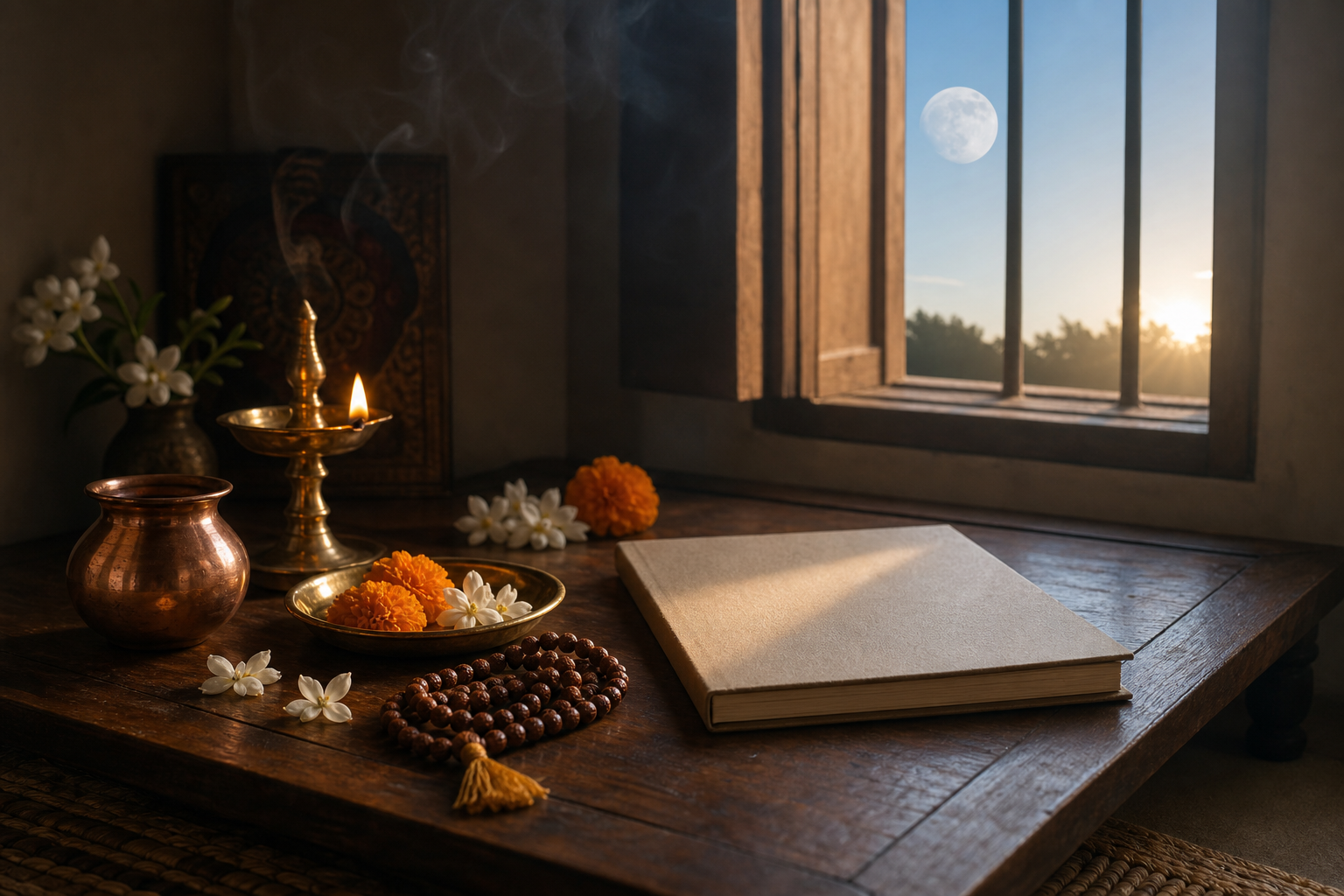 A brass oil lamp, copper water vessel, prayer beads, flowers, and an unmarked notebook arranged by a window beneath a fading moon.