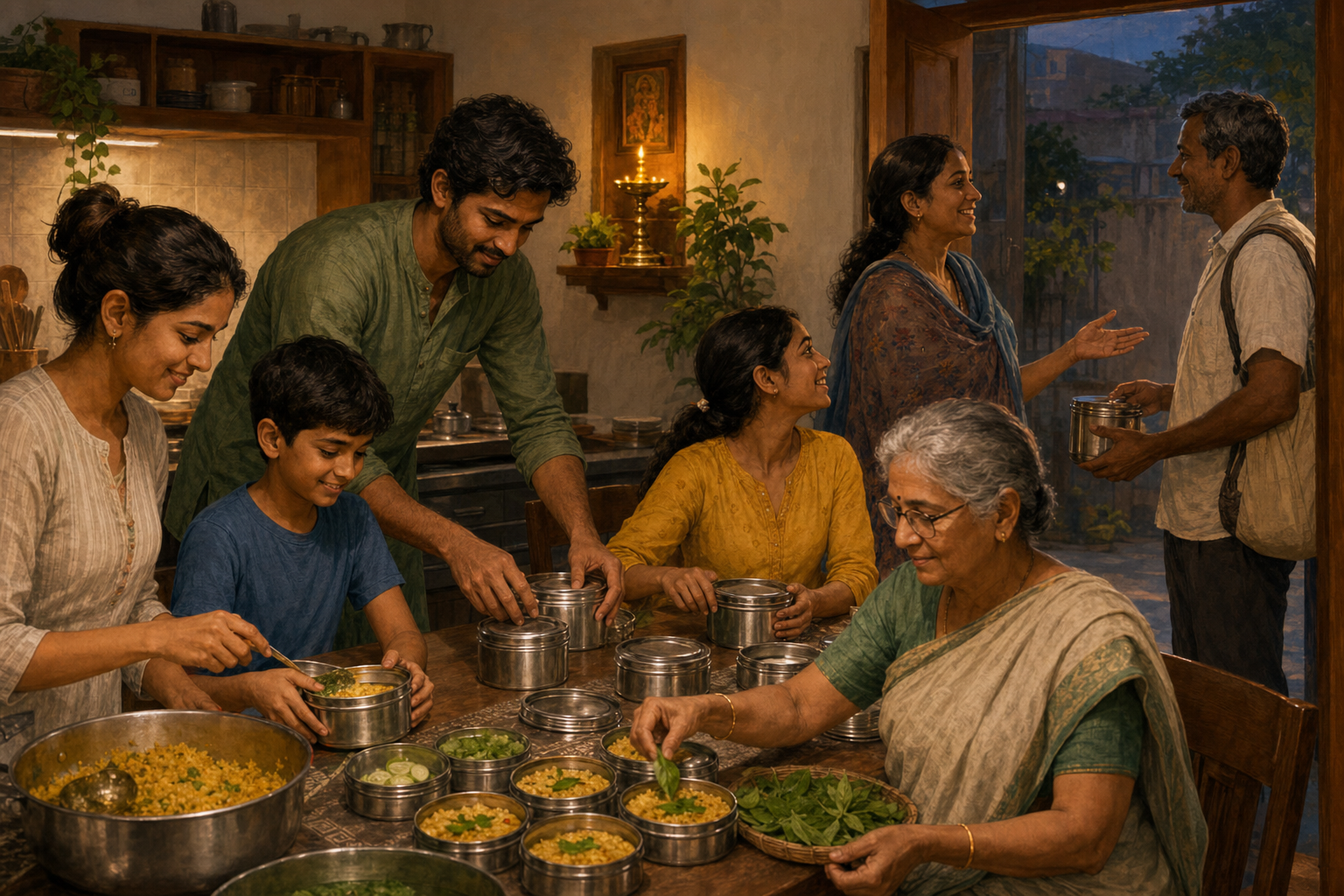 Neighbors portion vegetarian food into reusable containers in a home kitchen while volunteers personally welcome people at the doorway.