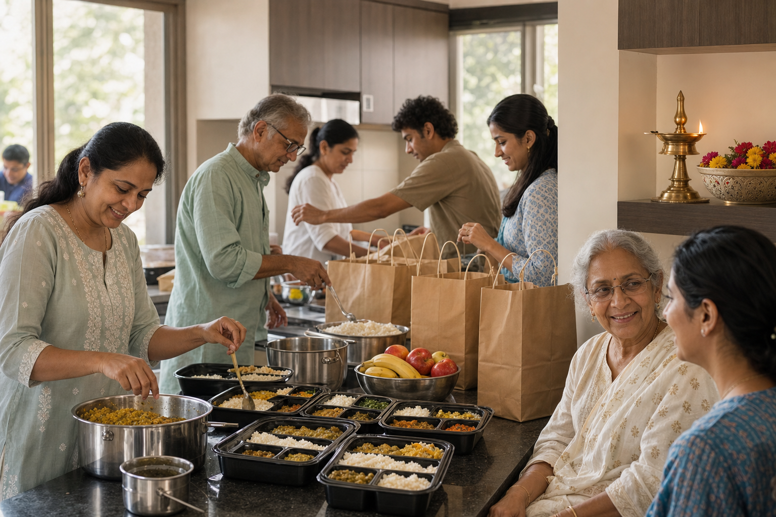 Teenagers lead music and organize the gathering while younger children arrange flowers and adults participate supportively.