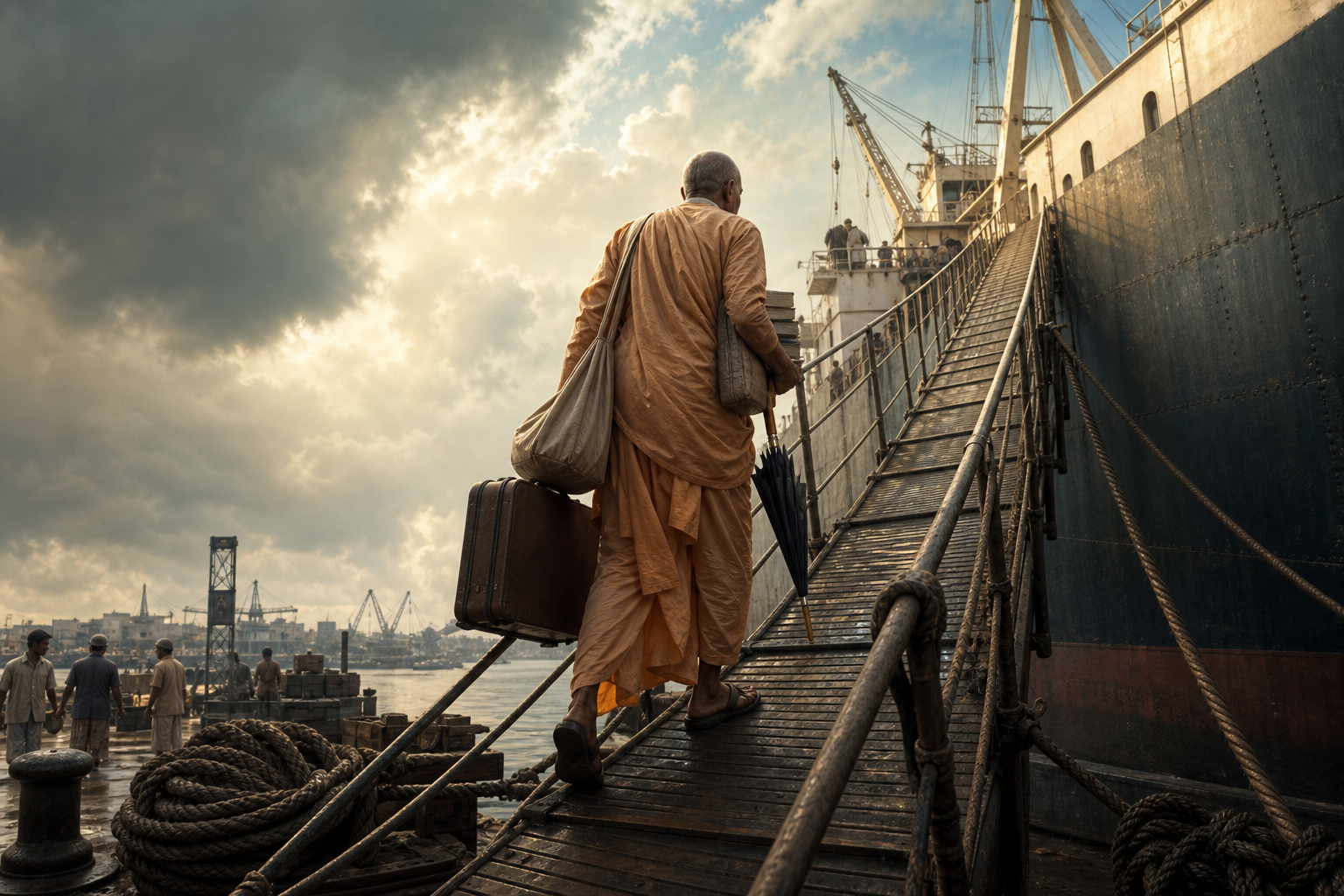 An elderly Vaishnava monk carrying simple luggage and books climbs a cargo ship gangway from a 1965 Indian dock.