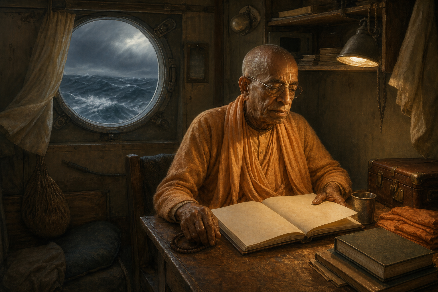 Srila Prabhupada sits with prayer beads and books in a small cargo-ship cabin while rough ocean waves appear through the porthole.