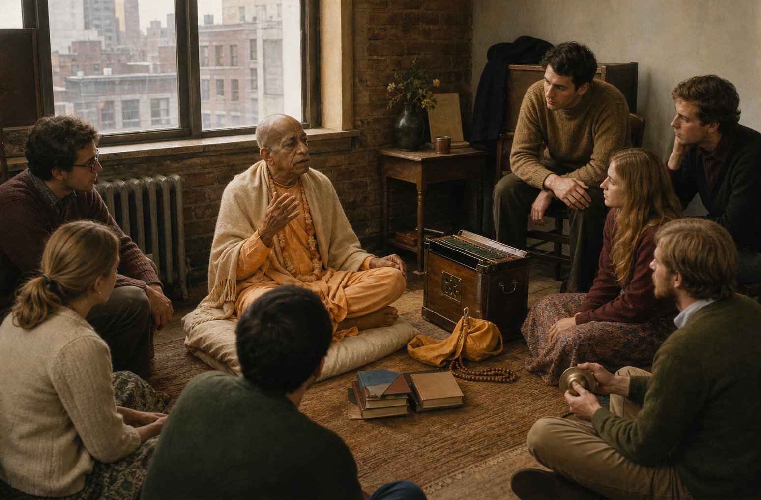Srila Prabhupada teaches a diverse circle of young adults in a modest 1960s New York room with books and devotional instruments.