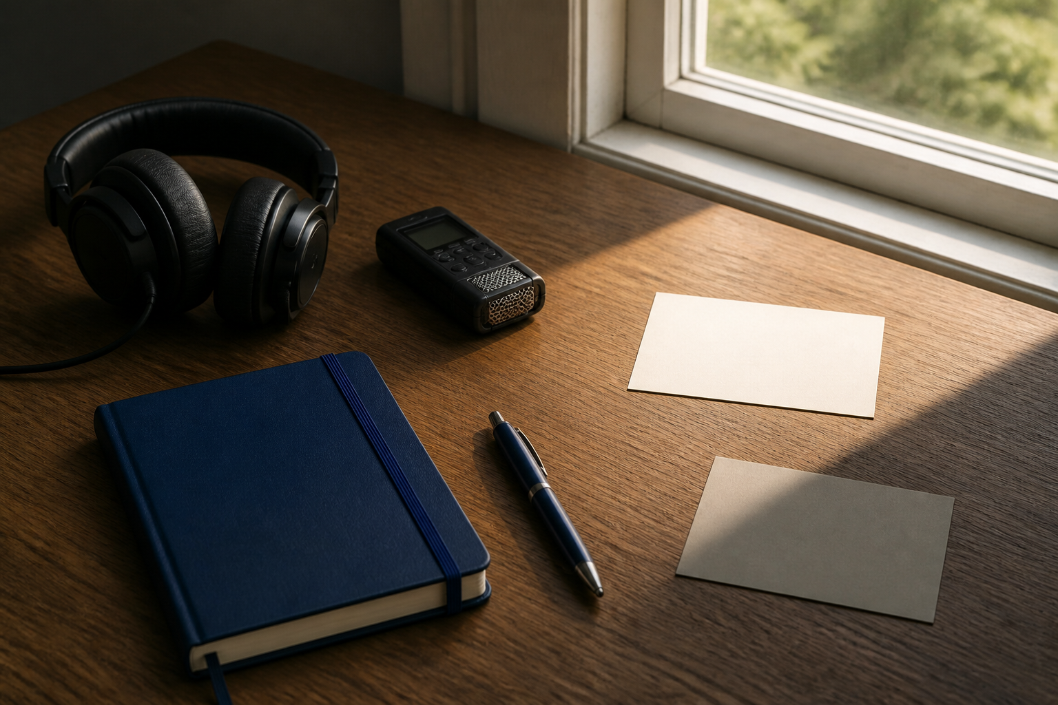 Headphones, an audio recorder, a closed notebook, and blank archival cards rest on a sunlit wooden desk.