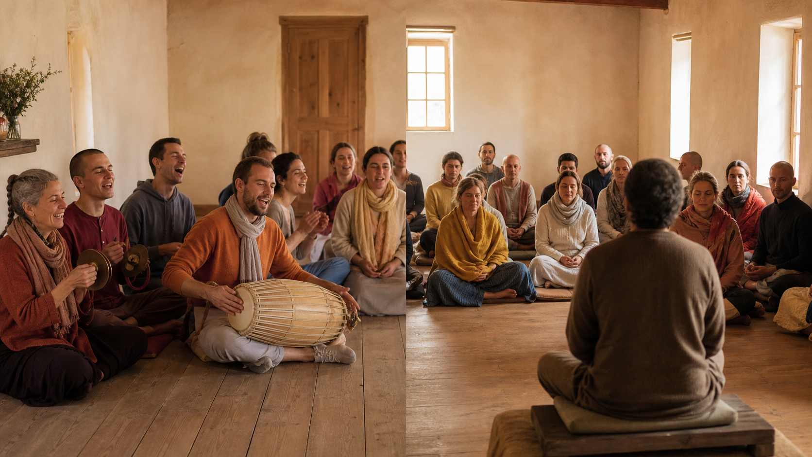 A devotional community participates in kirtan on one side of a hall and listens quietly to a spiritual talk on the other.