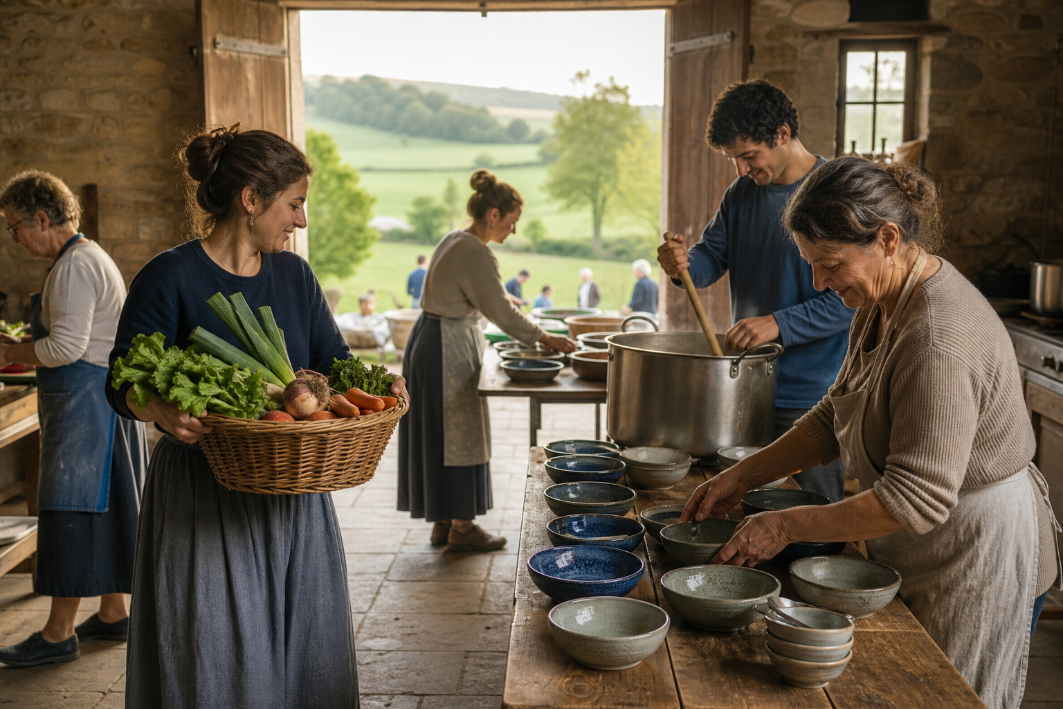 Volunteers prepare and arrange a communal meal together in a bright rural festival kitchen.