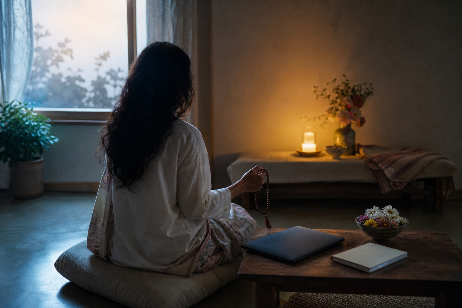 A devotee holds prayer beads beside a closed laptop, flowers, and a small lamp in a quiet home setting.
