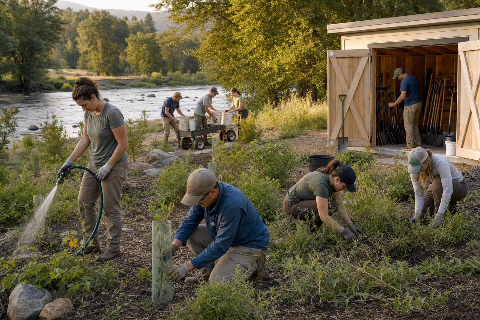 Volunteers water young plants, repair a tree guard, remove weeds, and organize tools at a restored riverside site.