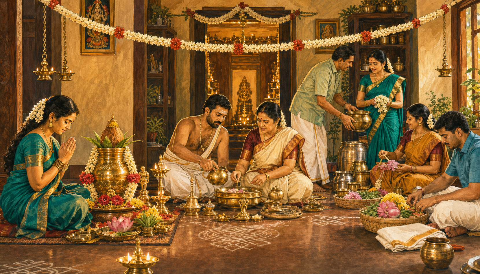 A three-part illustration shows personal prayer, formal ritual practice and relatives dividing household preparations for Varalakshmi Vratham.