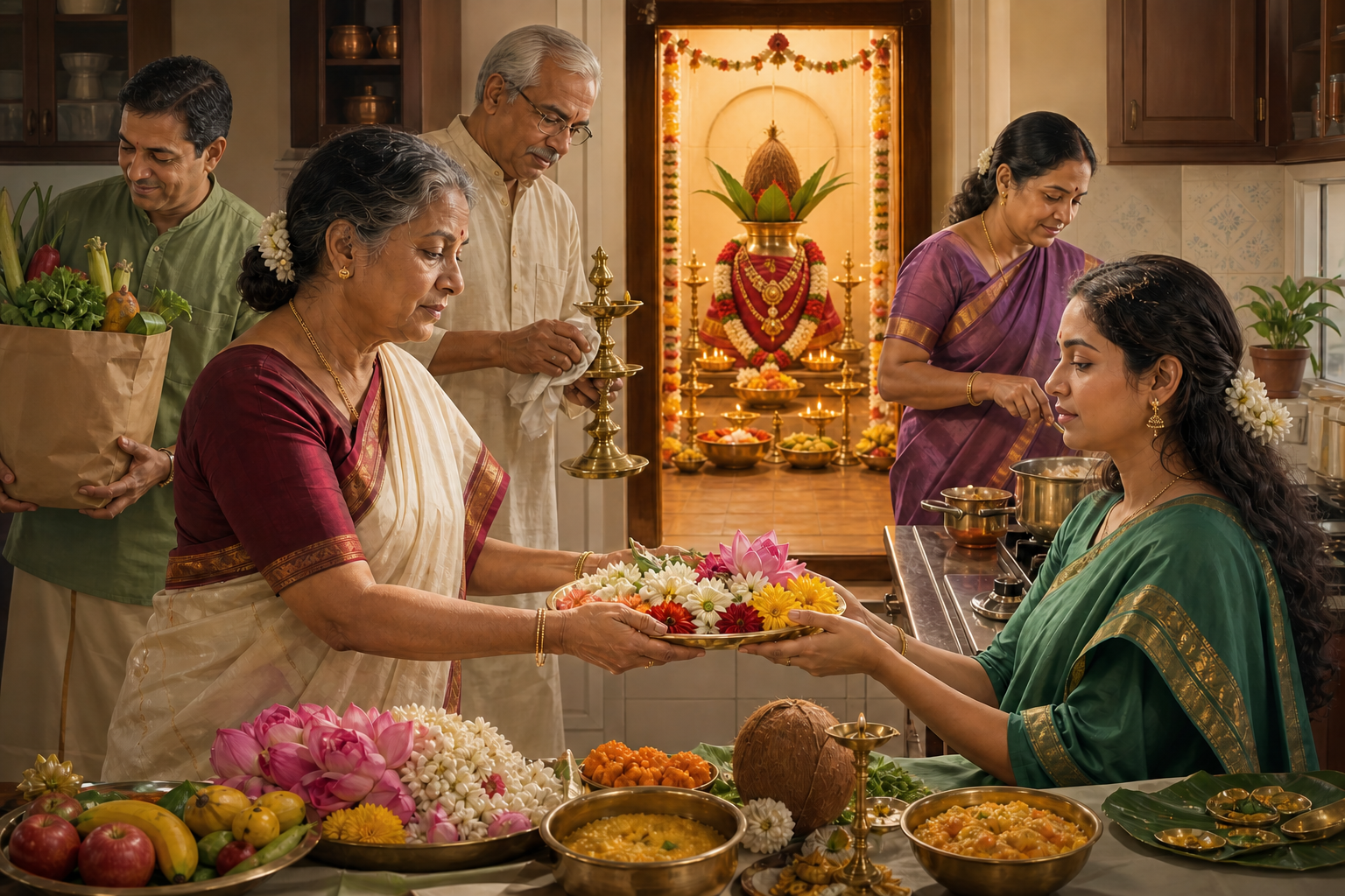 Women and men of different generations share cooking, cleaning and offering preparations while an older woman hands a flower tray to a younger relative.