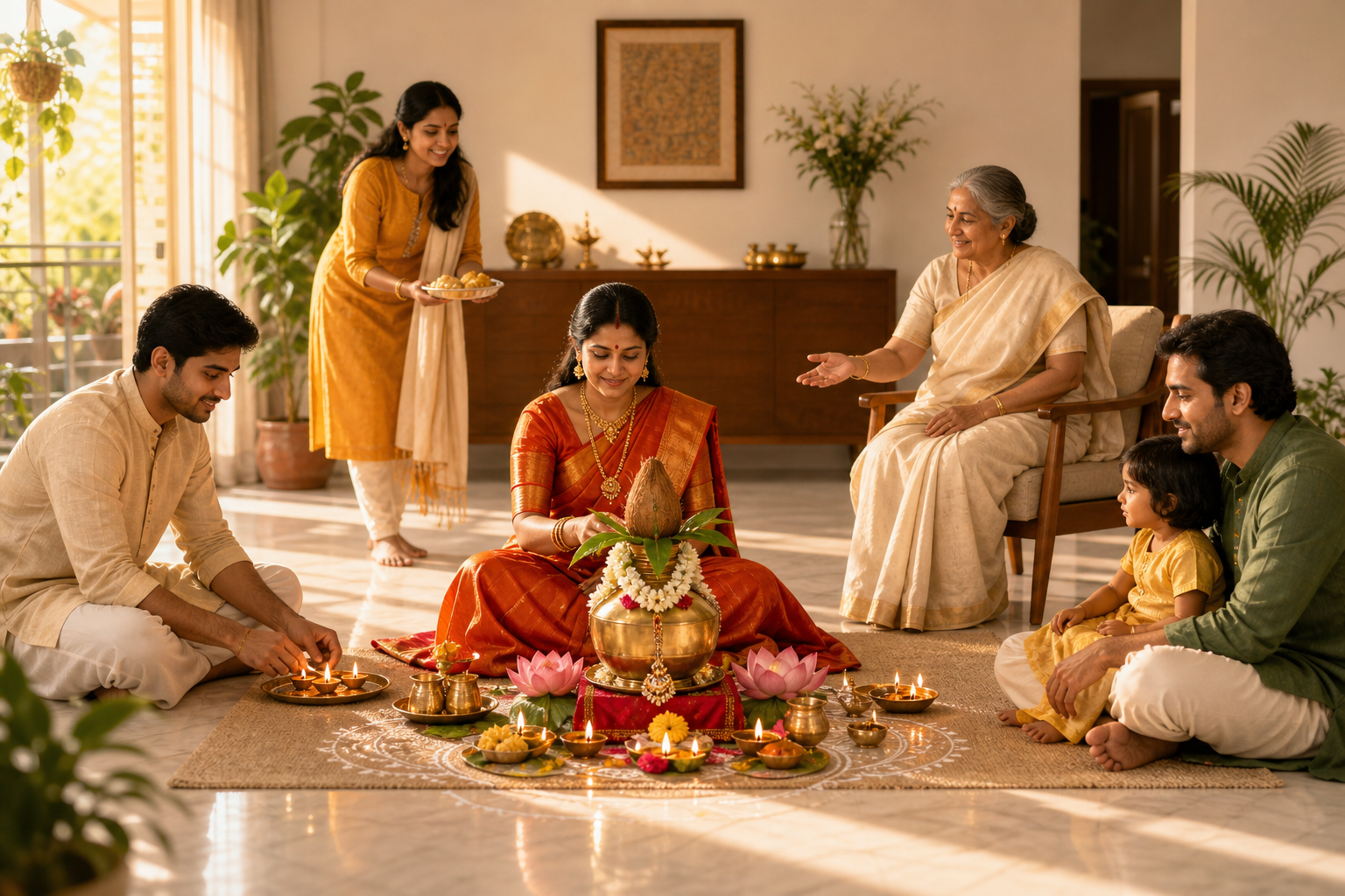 A family supports a seated worshipper during Varalakshmi Vratham by preparing lamps, serving food, caring for a child and assisting an older relative.