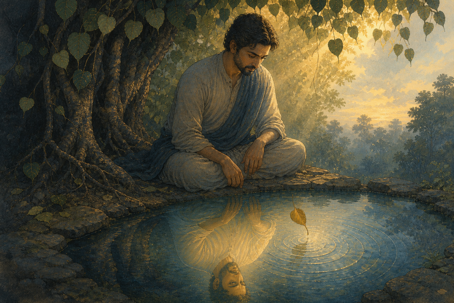 A contemplative sits beneath a sacred fig tree while dawn light brightens a calm reflection in a forest pool.