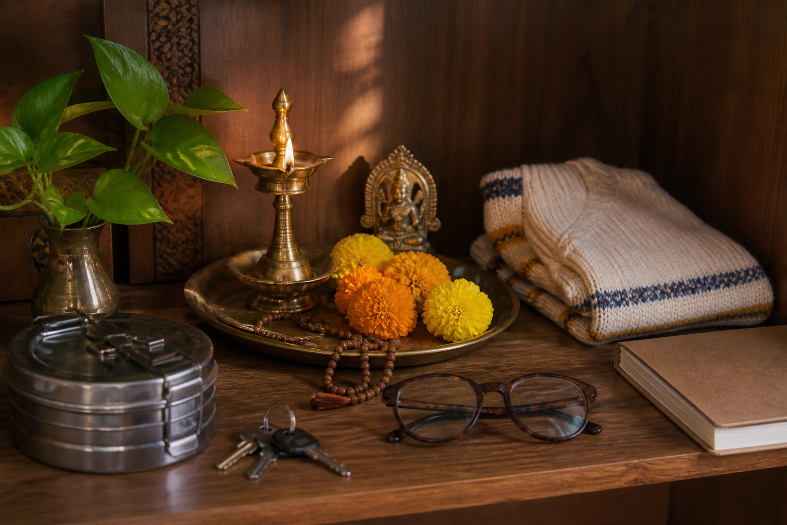 A lamp, flowers, and prayer beads form the focal point of a still life surrounded by keys, a lunch container, glasses, a sweater, and a notebook.