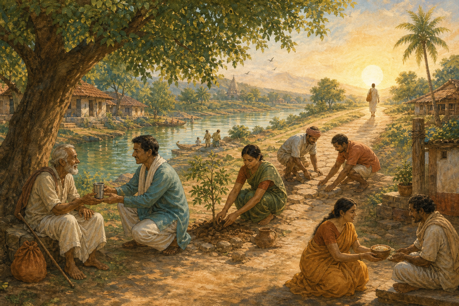 People share water and food, plant a tree, and repair a village path as a seeker walks toward a sunlit horizon.