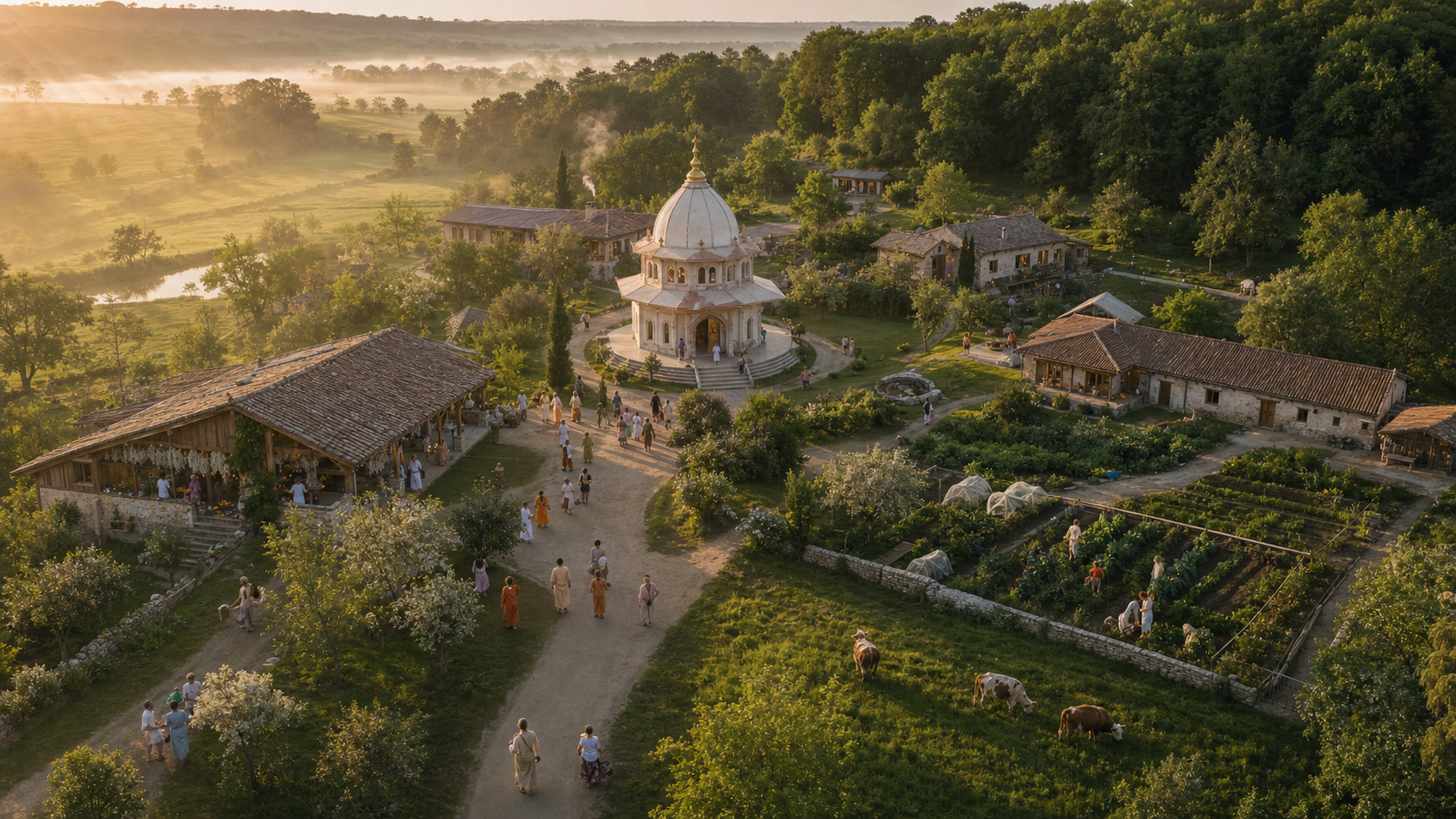 Aerial view of a rural sacred community with a central temple, modest homes, guest buildings, gardens, fields, woodland, and people beginning daily activities at sunrise.