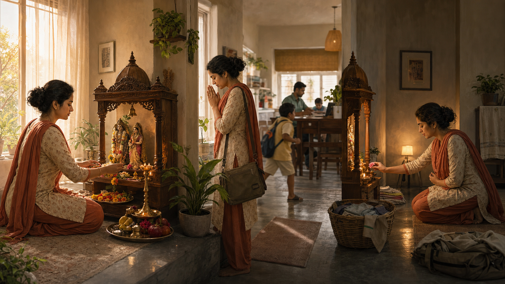 Three scenes show the same devotee completing a longer morning practice, a brief weekday prayer, and a simple evening offering.
