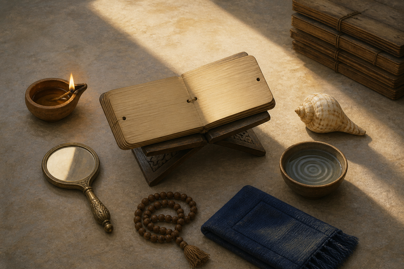 A blank palm-leaf manuscript, lamp, prayer beads, water bowl, conch shell, bronze mirror, and meditation cloth form a disciplined study space.
