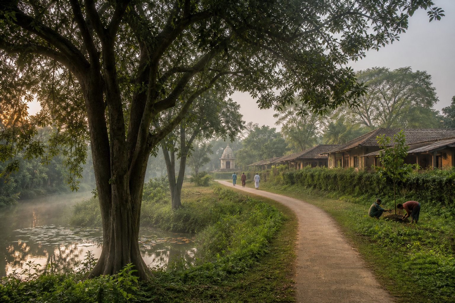 A protected grove and pond beside a devotional walking path, with modest community buildings in the distance and people caring for young trees.