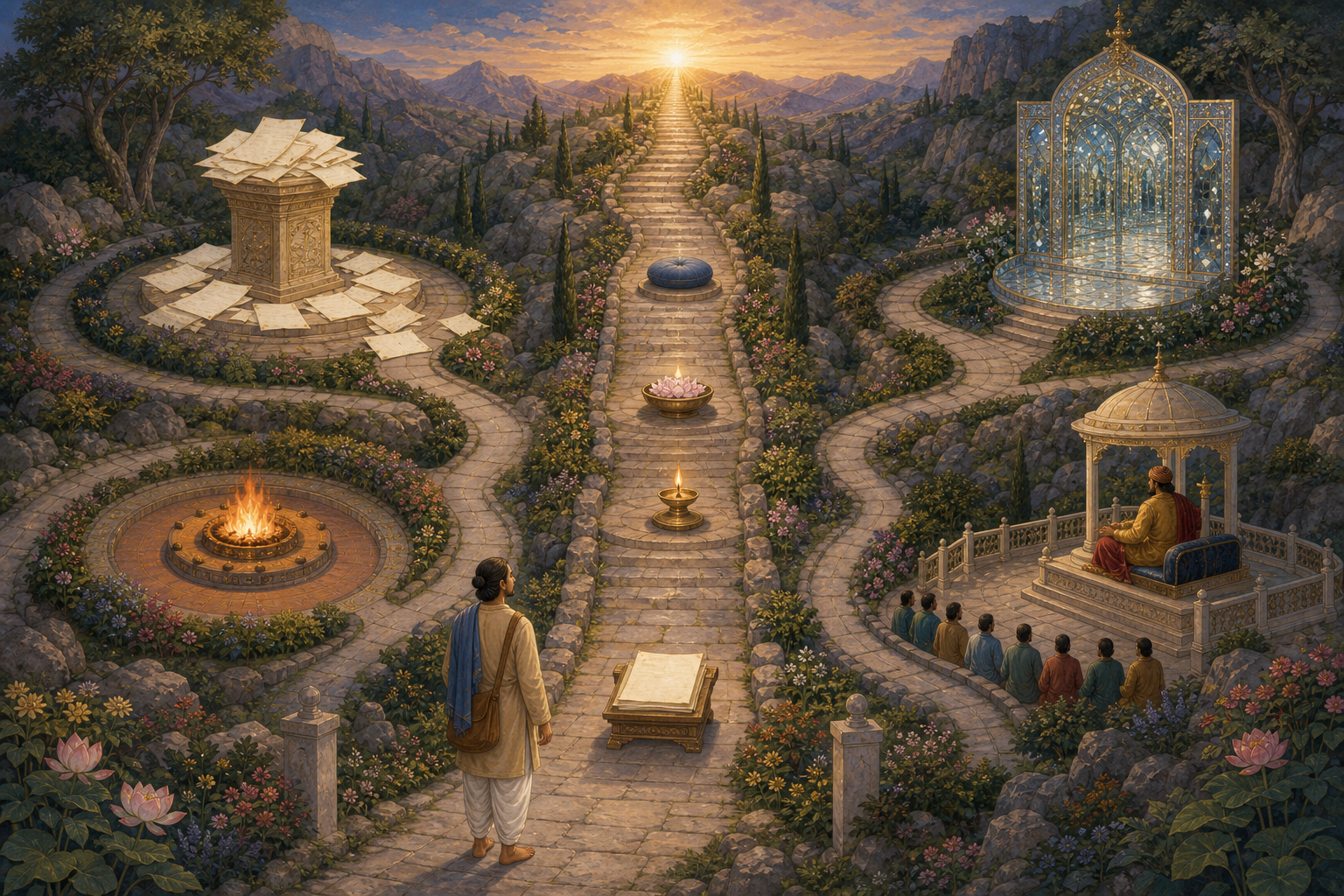 A traveler faces one rising mountain path and four side paths ending at loose pages, mirrors, a fire, and an elevated seat.