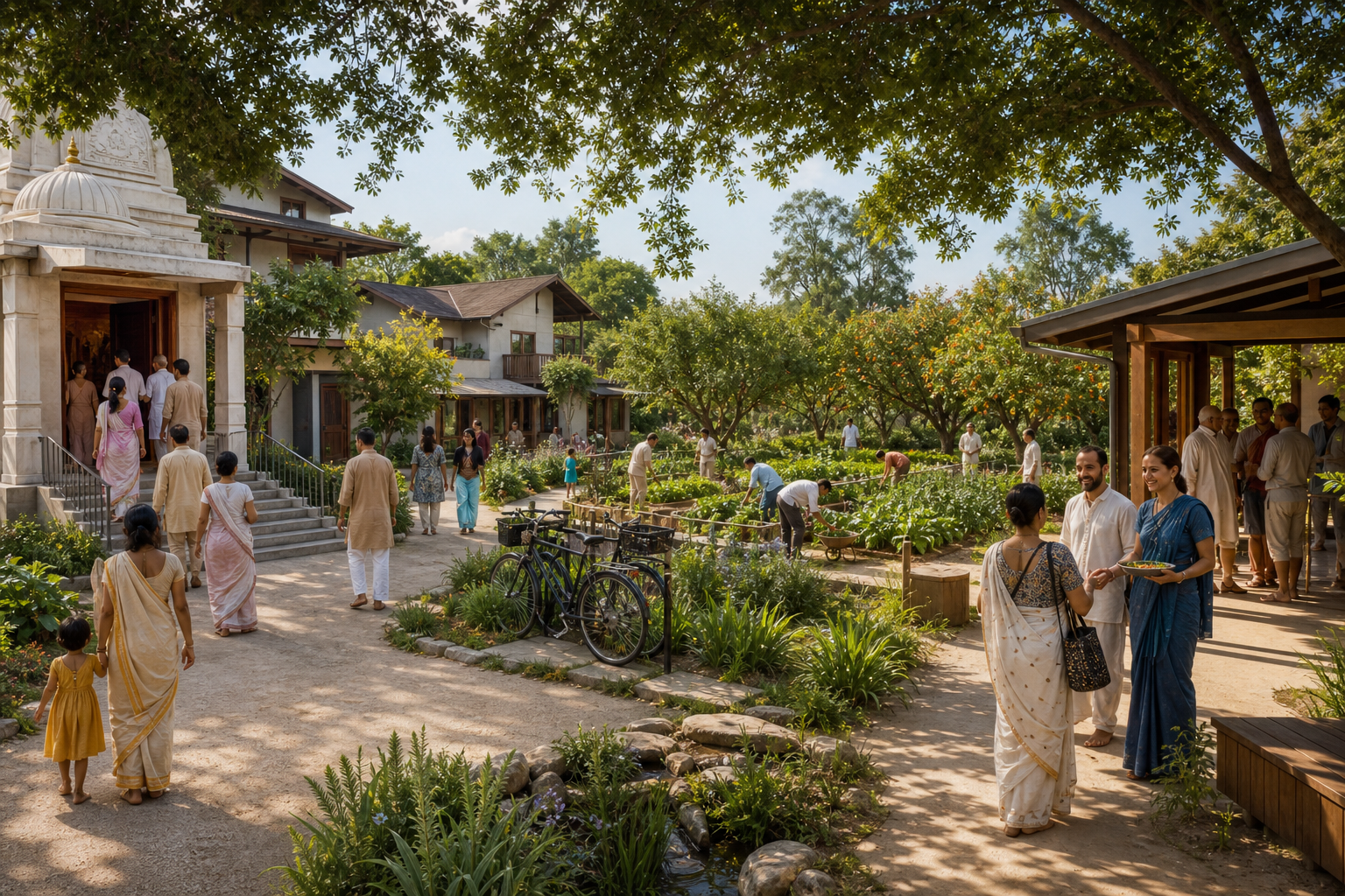 A shared courtyard connects a temple, family homes, gardens, and a guest learning center as residents, children, volunteers, and visitors go about daily activities.