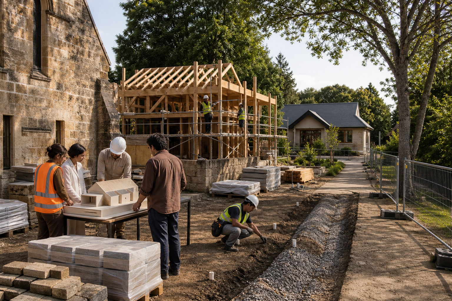 A project team reviews an organized construction site with survey markers, stored materials, a timber-frame building in progress, and a completed modest residence beyond.