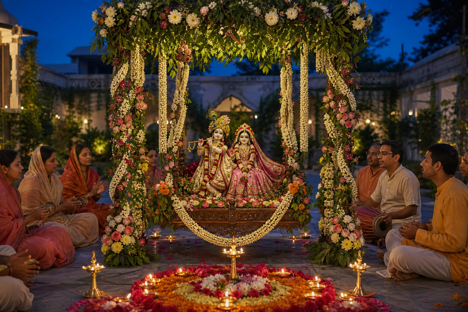 Radha and Krishna murtis sit on a flower-decorated swing as devotees gather for evening kirtan in a temple courtyard.