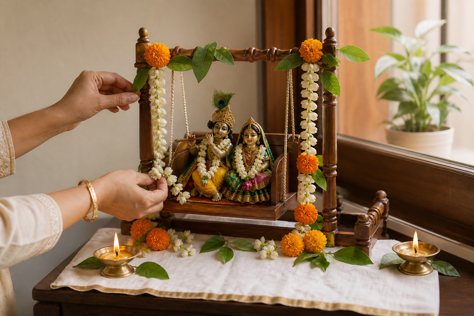 Devotees arrange simple flower garlands and lamps around Radha and Krishna murtis on a small home swing altar.