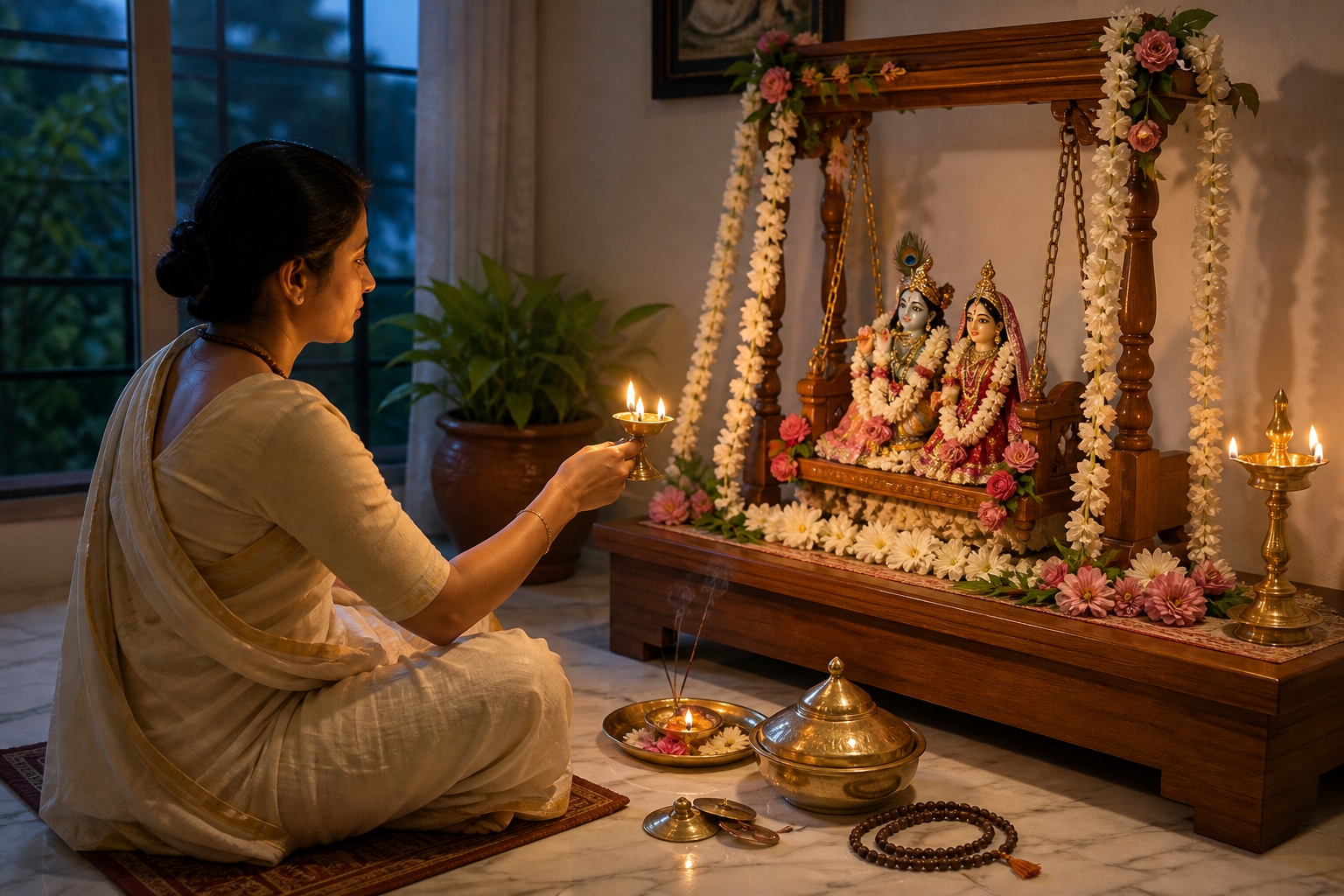 A worshipper offers a brass lamp before a small Radha-Krishna swing altar with flowers, incense, cymbals, prayer beads, and a food offering nearby.