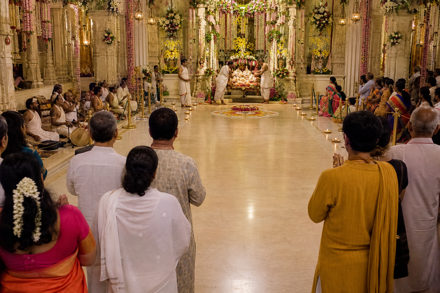 Devotees keep a respectful distance while temple attendants serve Radha and Krishna murtis on a decorated swing in an open temple hall.