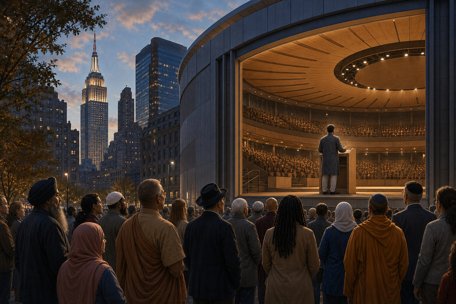 An interfaith group gathers peacefully outside a large New York arena while an anonymous speaker appears at a lectern inside.