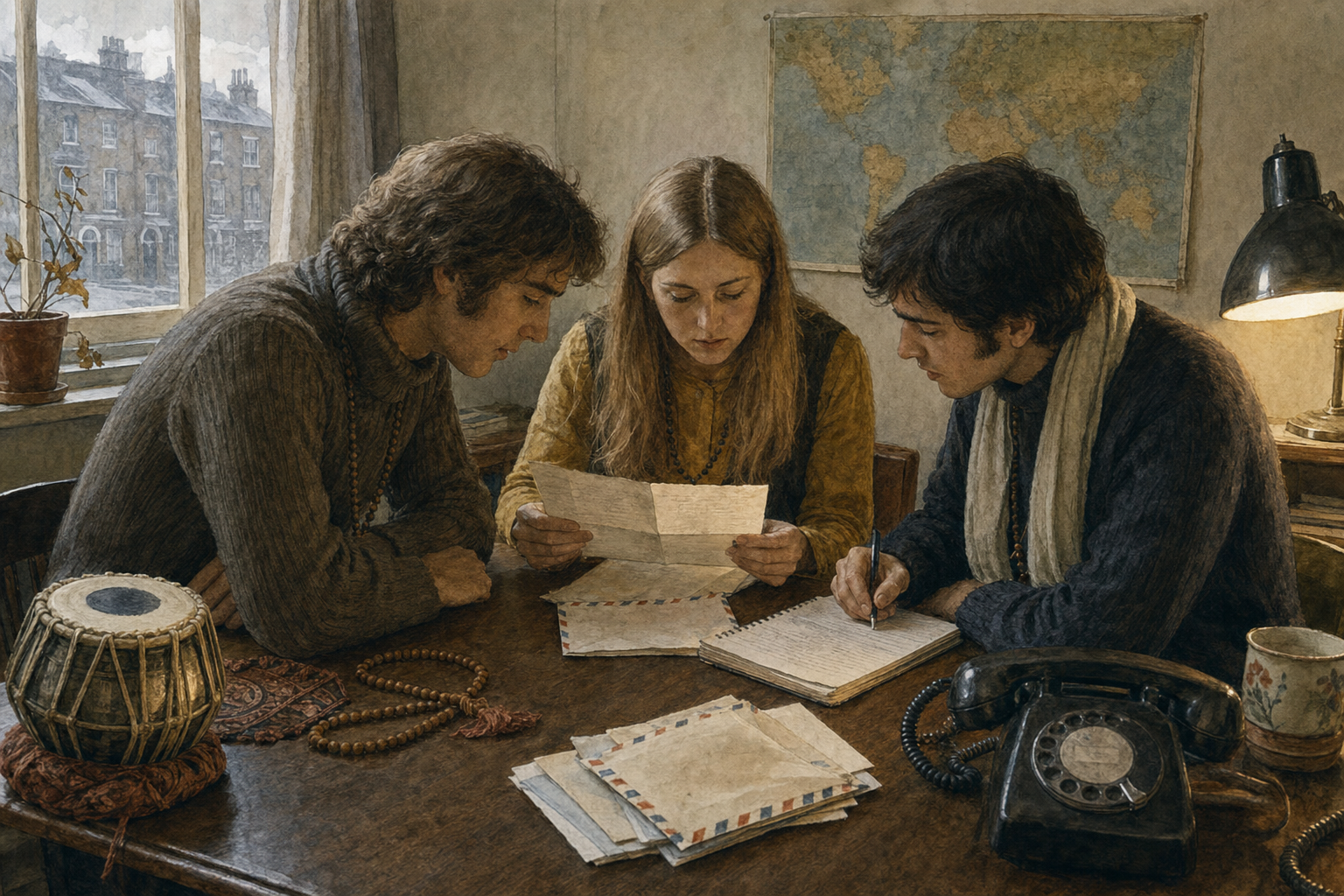 Four young devotees gather around a newly arrived letter in a modest London room while one person reads and the others listen.