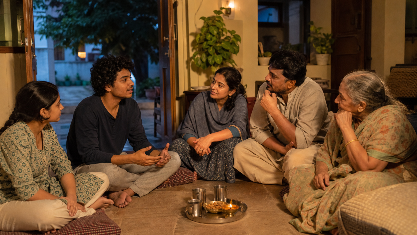 A multigenerational Indian family sits in a circle at home while a young woman speaks and her relatives listen attentively.