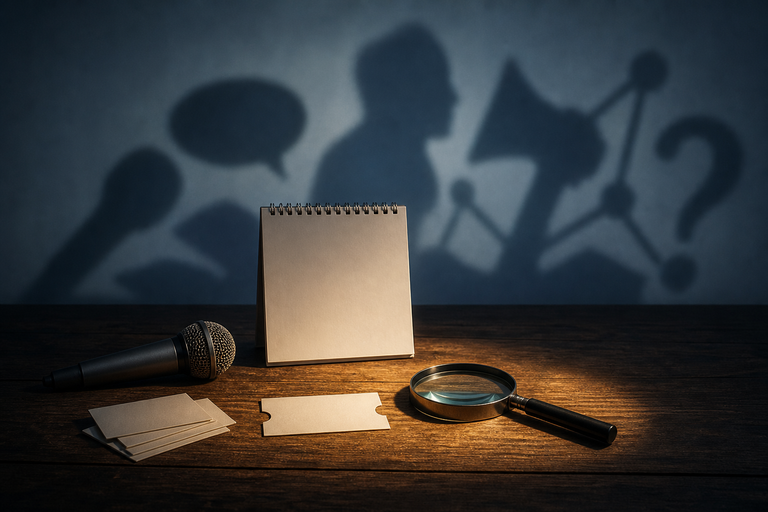 A microphone, blank event materials, source cards, and a magnifying glass sit in light while enlarged shadows spread behind them.
