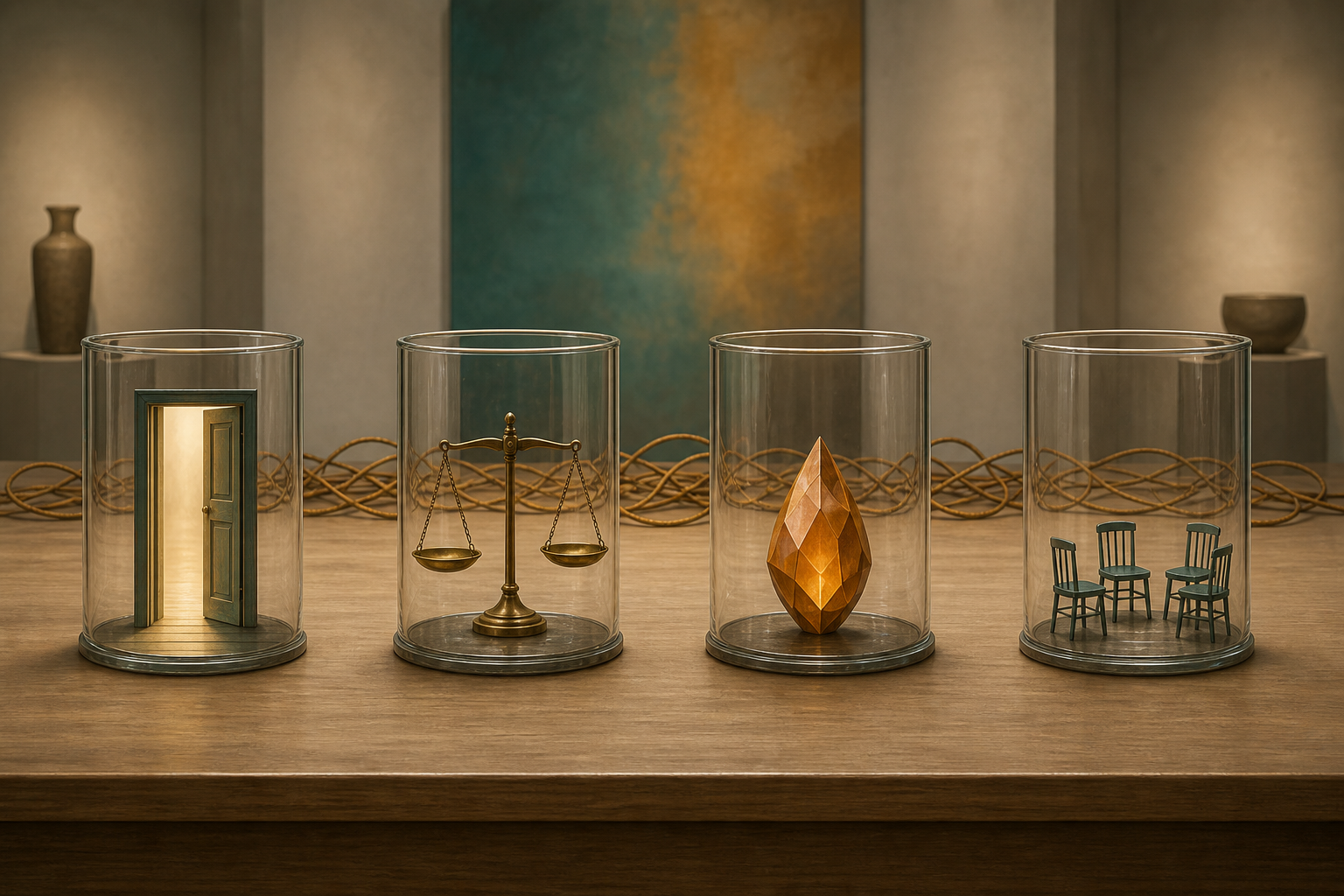 Four glass vessels hold an open doorway, balanced scale, faceted flame, and circle of chairs on a table.