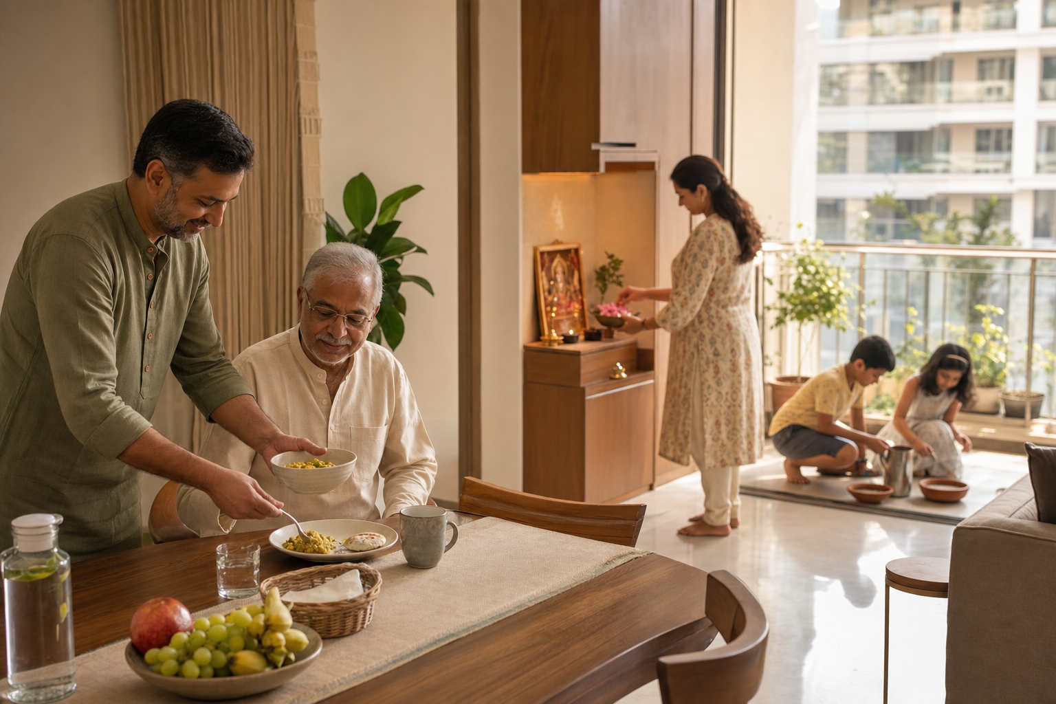 Family members share breakfast, arrange flowers at a small home shrine, and place water bowls for birds in a sunlit Indian home.