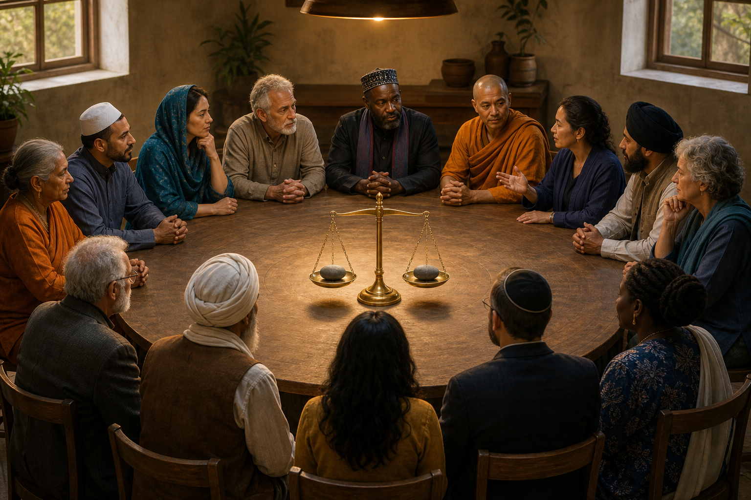 Diverse religious and civic representatives sit around a round table with an evenly balanced scale at the center.