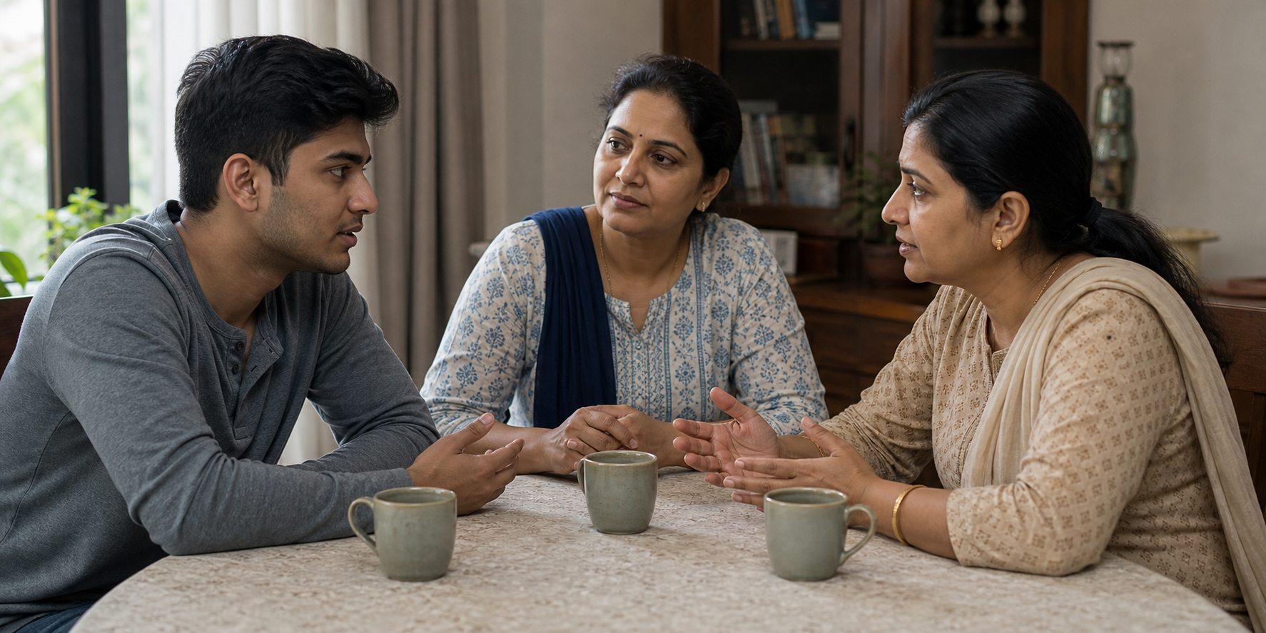 A mother, her university-age son, and an aunt sit around a dining table during a calm but serious family conversation.