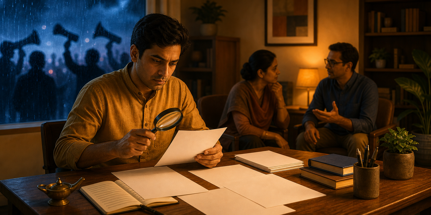 A Hindu American reader studies blank source papers at a warmly lit desk while blurred megaphone silhouettes appear outside.