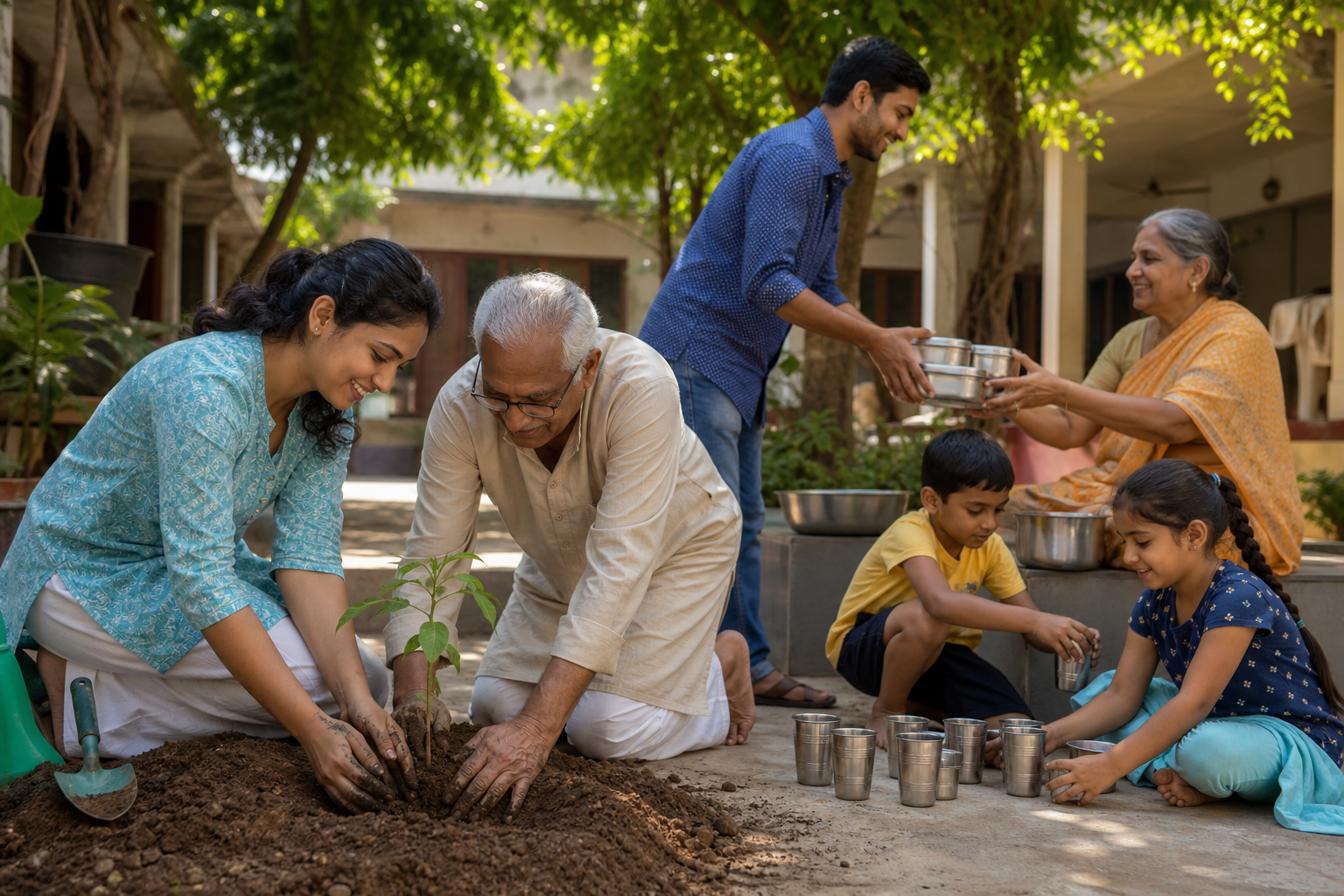 Young adults and older relatives plant a sapling and prepare a community meal together in a neighborhood courtyard.