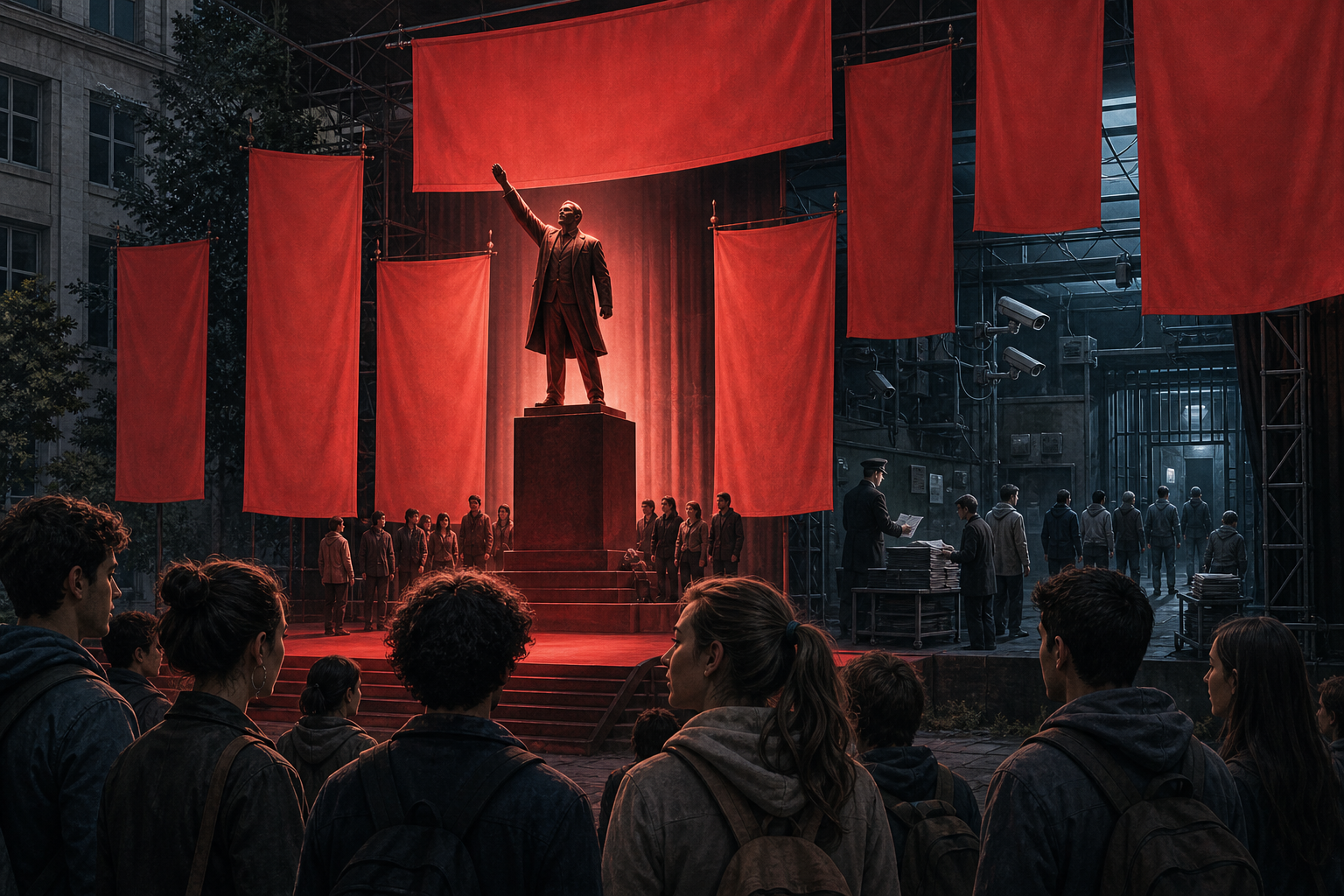 Young adults watch a red-lit revolutionary stage while surveillance equipment, barred gates, and civilians in shadow are visible behind the scenery.