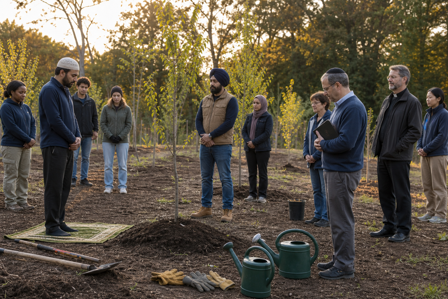 Volunteers from distinct faith traditions pause in separate forms of reflection beside a newly planted grove and their gardening tools.