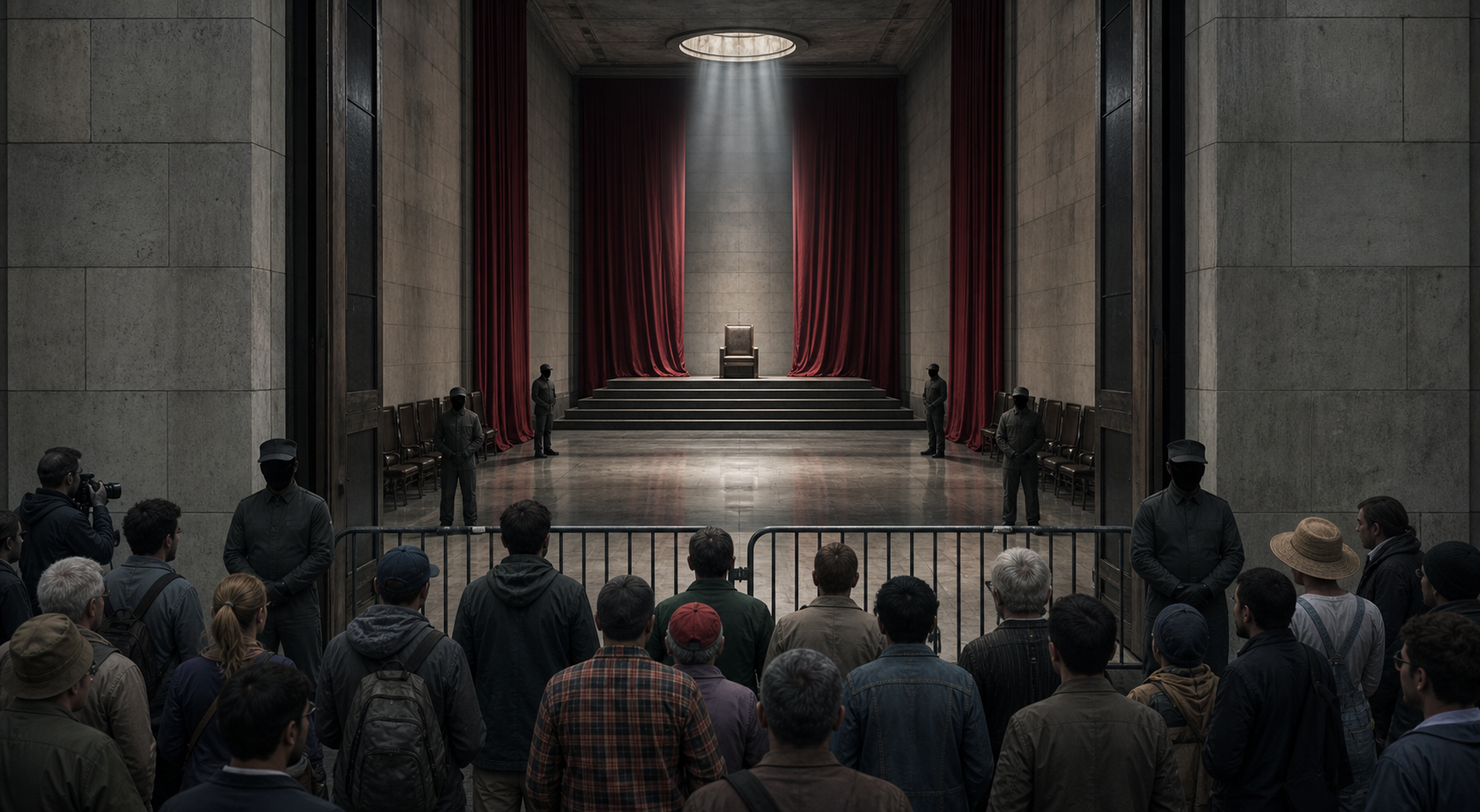 Citizens stand behind a barrier outside a government chamber where guards surround a single elevated chair framed by plain red curtains.