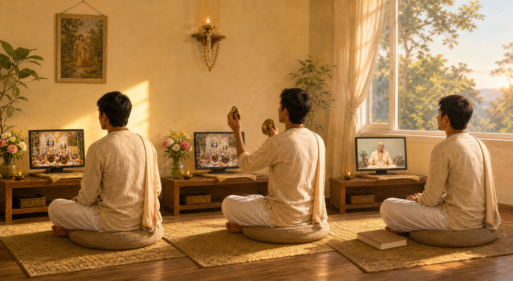 Three connected scenes show a home worshipper moving from viewing a decorated altar to joining kirtan and then listening to a scriptural discourse.