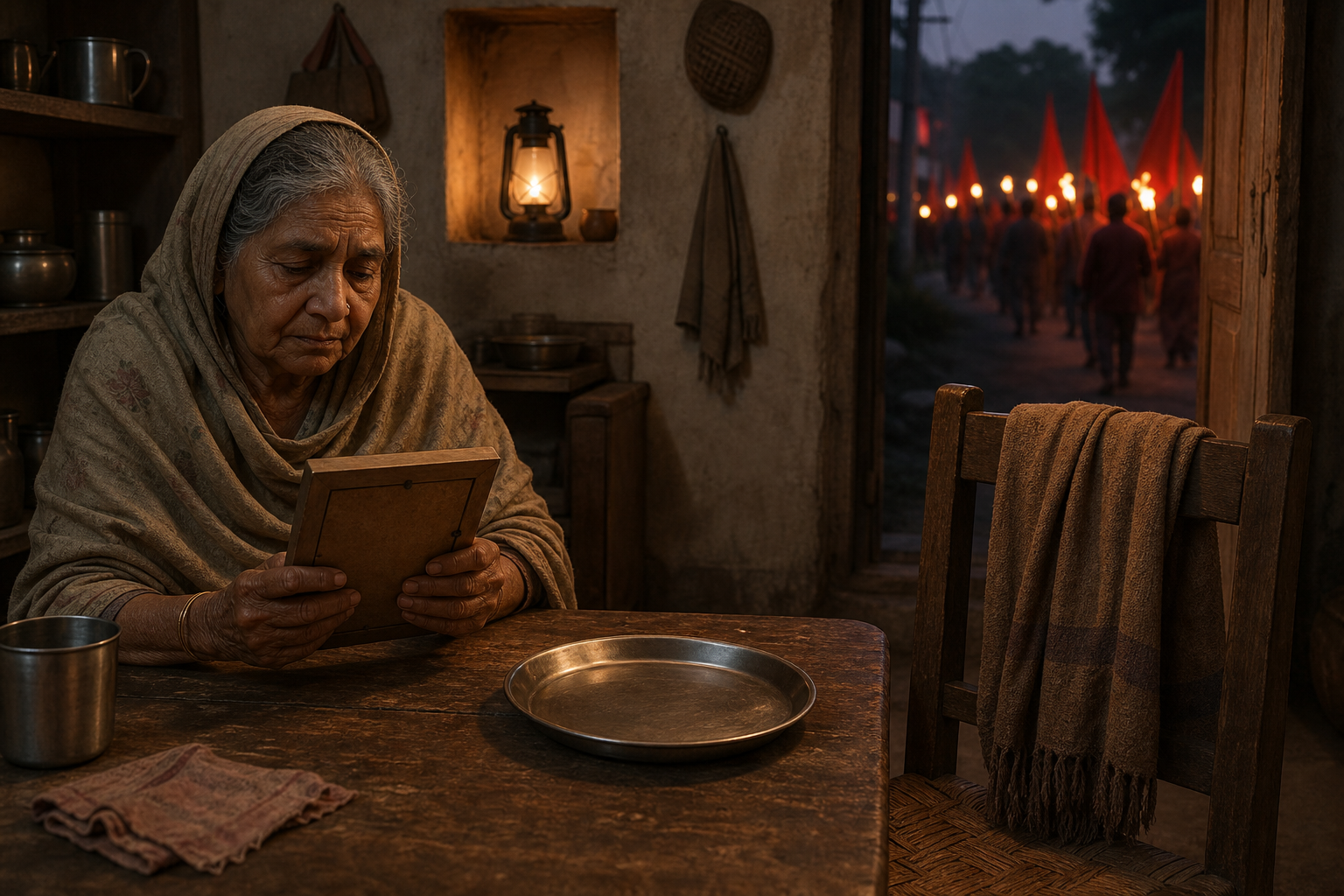 An older woman sits beside an empty place at a kitchen table while a torchlit political procession passes in the distance.