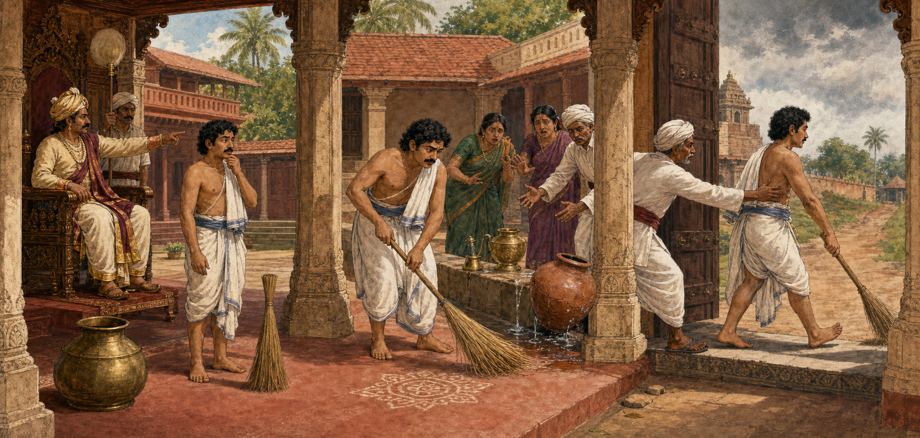 Three connected courtyard scenes show one servant overlooking ambiguity, purpose and the limits of separate commands.
