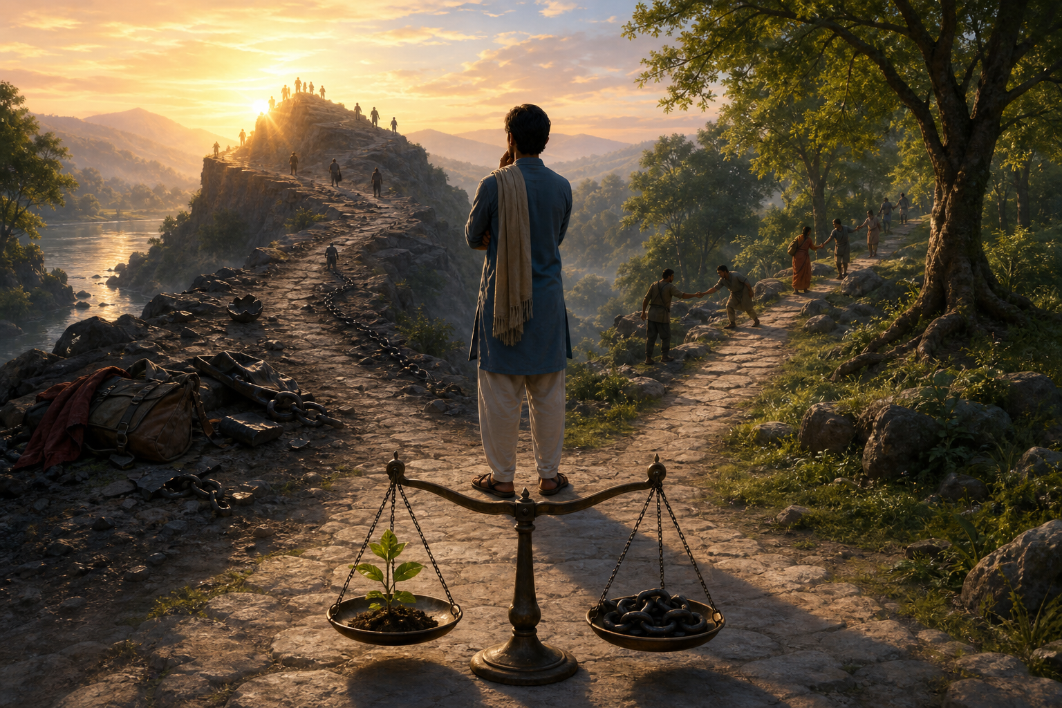 A person considers two riverside paths beside a balance scale holding a seedling and an iron chain at sunrise.