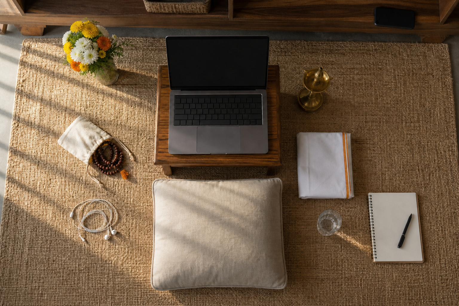 A floor cushion, laptop, earphones, bead bag, closed scripture, blank notebook, pen, and water are arranged for focused morning worship at home.
